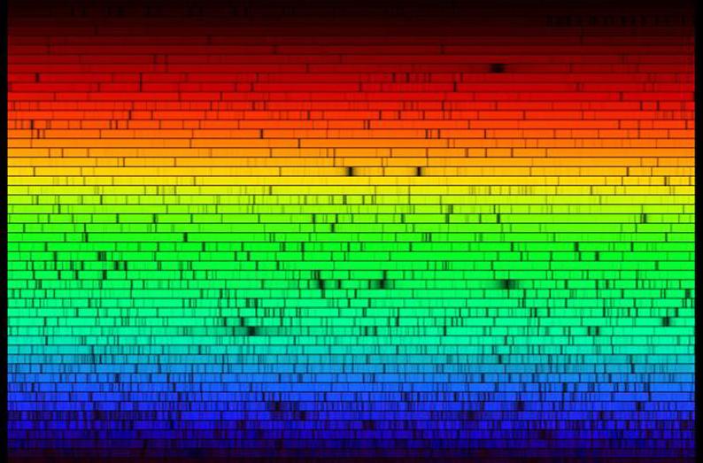 Figure 1: A spectrum of the Sun (In Figure 1, the format has been arranged so that instead of one long continuous band of light ranging from red to deep blue, smaller segments of the spectrum have
