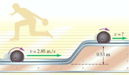 60. Picture the Problem: The ball rolls without slipping up the incline and continues rolling at a constant but lower speed.
