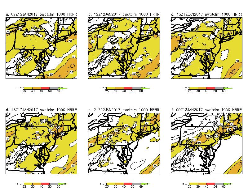 Figure 6. As in Figure 4 except for HRRR 00-hour forecasts of PW. Shading here shows PW values of 25mm or greater as indicated by the color bars. mm contour in western Pennsylvania (Fig. 9e).