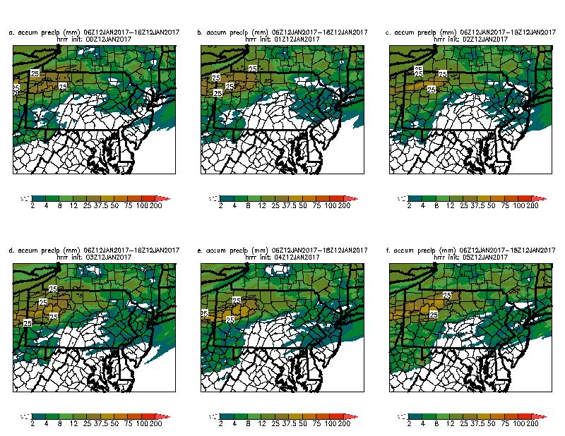 Figure 9. NCEP 3km HRRR forecasts of total QPF for the 12 hour window from 0600 to 1800 UTC 12 January 2017.