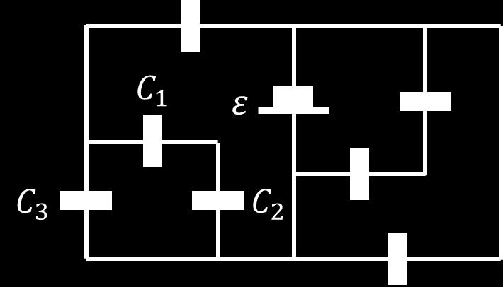 32. In the circuit shown, the emf of the battery is ε = 10.0 V and each of the seven capacitors has capacitance = 10.0 μ. The charge on capacitor 1 is closest to: 20.0 μ 40.0 μ 50.0 μ 60.0 μ 100.