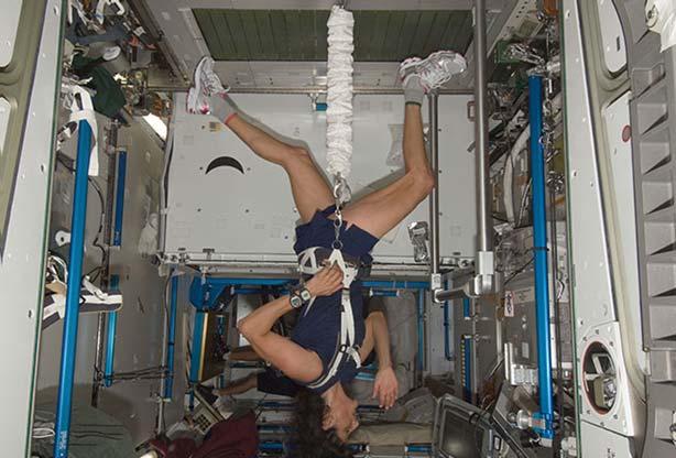 How do astronauts stay healthy and work out? Astronauts must eat right and work out to avoid losing bone mass. Bicycling aboard the ISS is common.