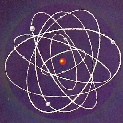 Classical image of an atom The electrons are pictured as a particle in orbit about the nucleus of an atom.