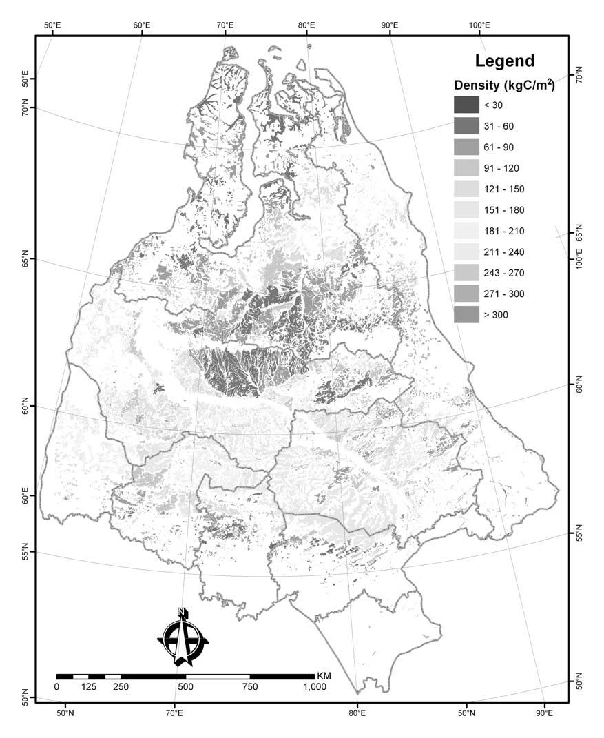 Figure 7. Map of WSL carbon density (carbon per unit area). Higher carbon densities occur in deeper and denser peatlands.
