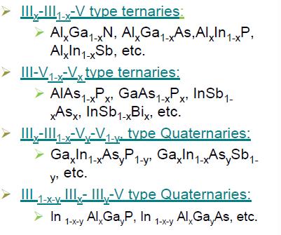 Ternary and quaternary semiconductors are alloys E.g.