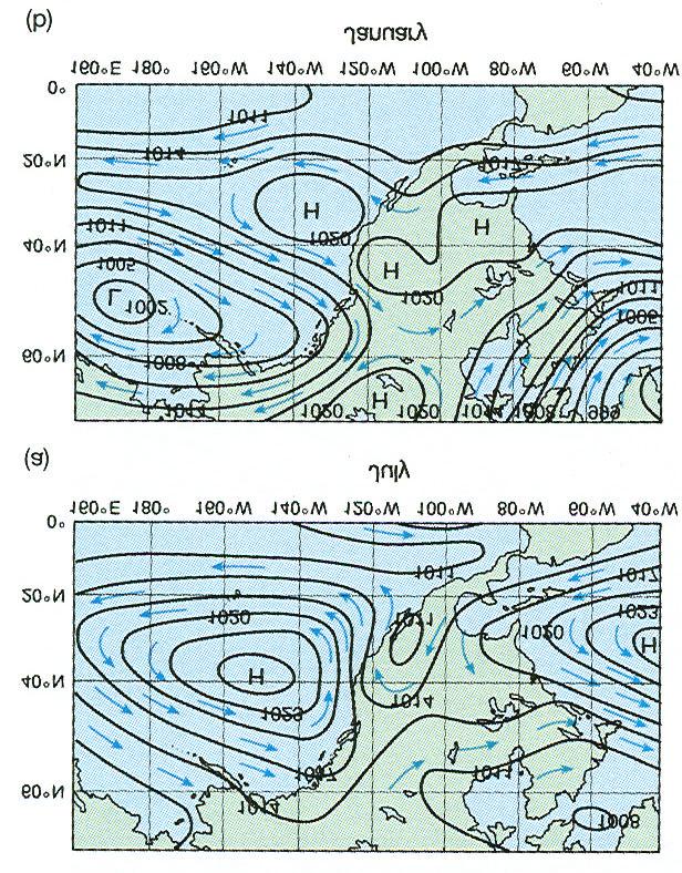 Chapter 2 - pg. 8 Figure 2.8 Northern Hemisphere (a) Summer - Air flows clockwise around dominant oceanic high pressure cells; (b) Winter Air flows counterclockwise around dominant low pressure cells.