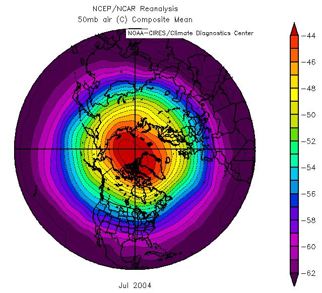 50 hpa Temperatures from NCEP/NCAR Reanalysis Northern Hemisphere winter strong longitudinal variation (due to