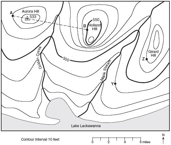 Points A, B, Y, and Z are reference points on the topographic map. The symbol 533 represents the highest elevation on Aurora Hill. 1. What is the contour interval for this map? 2.