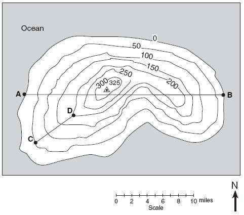 Below is a topographic map of an island. Elevations are expressed in feet. Points A, B, C, and D are locations on the island. A triangulation point shows the highest elevation on the island.