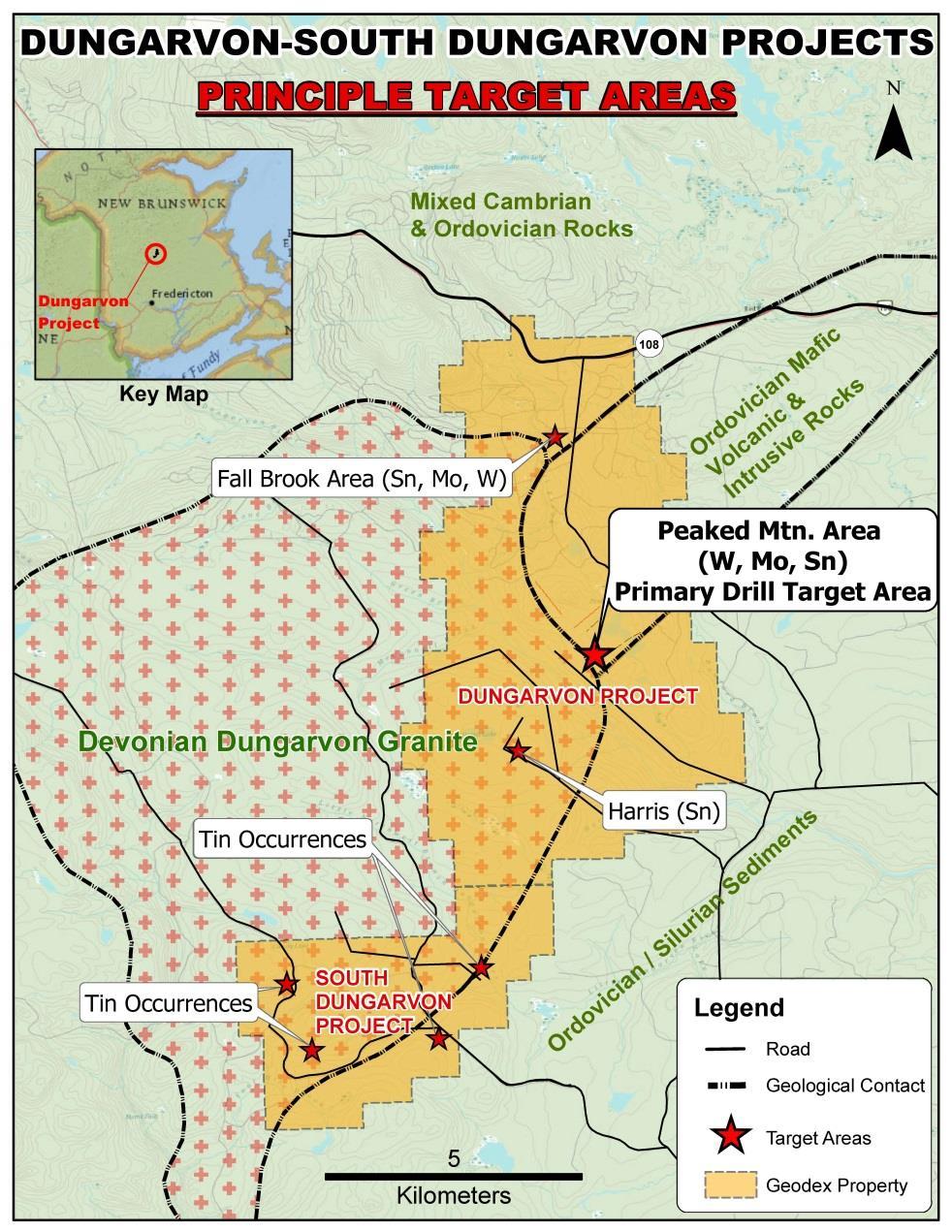 DUNGARVON PROJECT: HISTORY AND SETTING Target is contact zone of Late Devonian Dungarvon Granite, similar geologic environment to Sisson and other NB critical metal deposits Glacial till masks