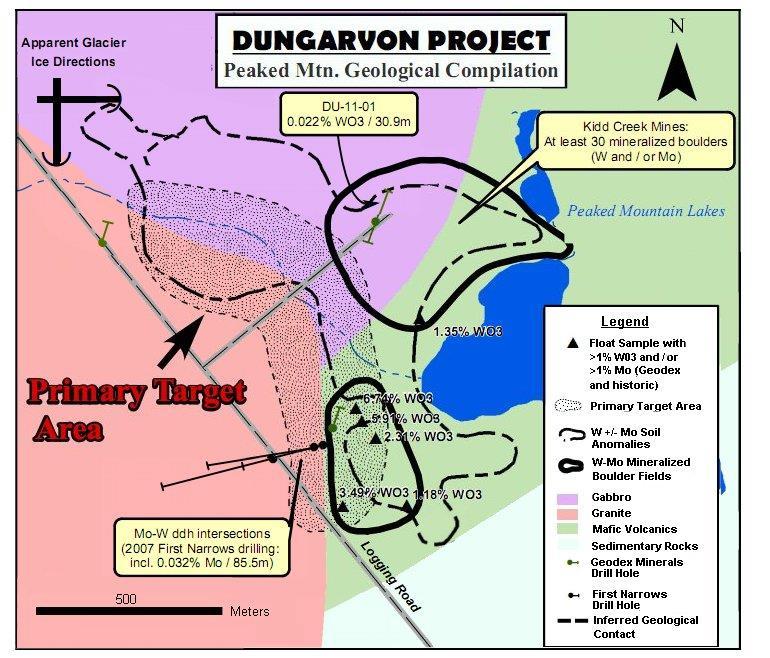 DUNGARVON PROJECT, Peaked Mountain Drill Target 2012 Program Focused on Peaked Mountain W-Mo targets Soil sampling extended and defined anomalous area Prospecting extended area of mineralized till