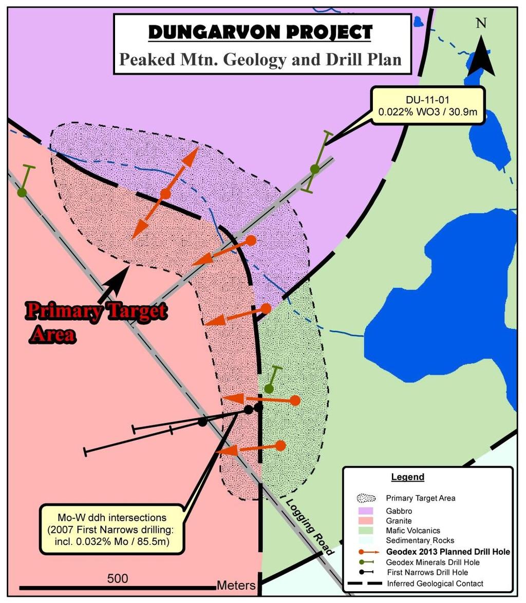 DUNGARVON PROJECT June, 2013 Drill Program Approximately 6 to 8 holes totaling 1300 metres to test contact zone for source of large >1% W0 3 boulders 1km+ strike length target defined from 2011 &