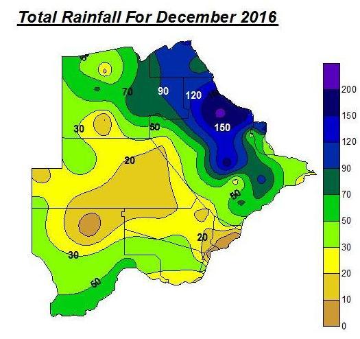 RAINFALL SITUATION: During the month of December 2016, much of the rainfall was confined to the northern parts of the Central district and Chobe, where a cumulative rainfall amounts of more than