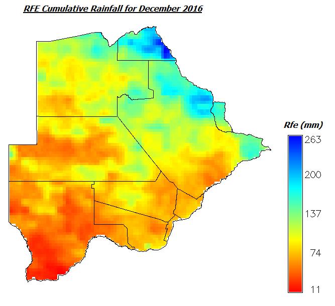 Satellite reports confirm normal to above normal rainfall (green) over most areas (more than 100%) for December 2016 whilst other pockets of areas had below normal (red) rainfall (Fig 5).