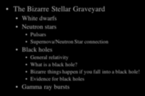 Today s Topics The Bizarre Stellar Graveyard White dwarfs Neutron stars Pulsars Supernova/Neutron Star connection Black holes