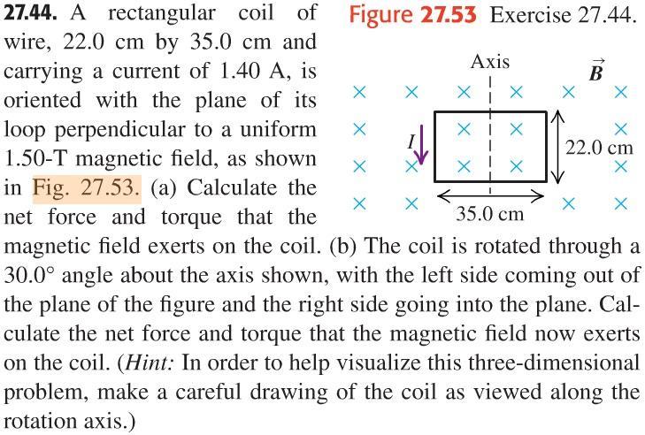 Application: Torque on a current loop Here is a problem from the book: The net force will be zero in both parts. Each side of the loop feels a magnetic force, and they cancel.