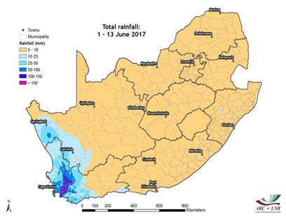 The number of rainy days during May 2017 is belowaverage over the entire immediate water catchment area (the Theewaterskloof Dam is indicated in blue).