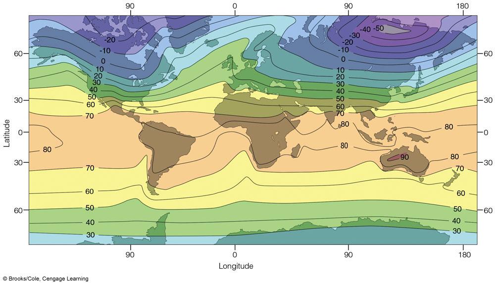 Ocean currents: warm and cold currents Elevation: cooling and increase range 27 28 Average Temperature Maps Isotherms are closer in the winter: more variations in solar radiation by latitude.