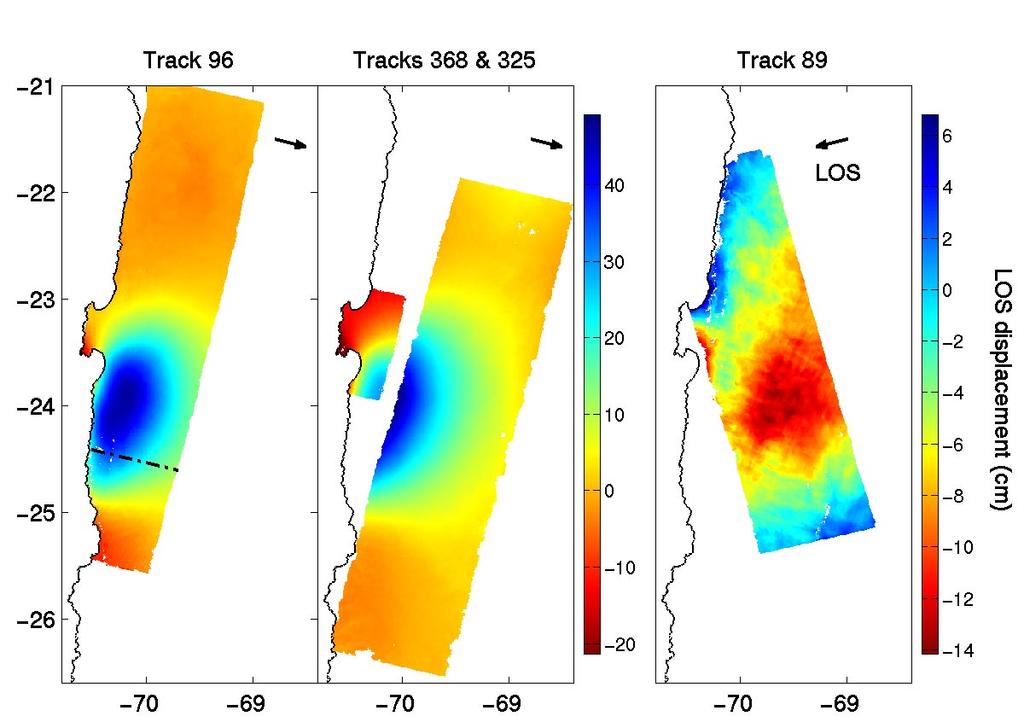 110 Figure 3.5: Unwrapped co-seismic interferograms used to invert for co-seismic slip from descending satellite tracks 96, 325, 368, and ascending track 89.