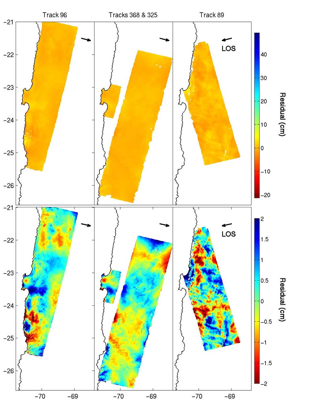 120 Figure 3.11: Residual of InSAR data from the preferred model for the four satellite tracks shown in Figure 3.5. The color scale used for displaying the data in Figure 3.