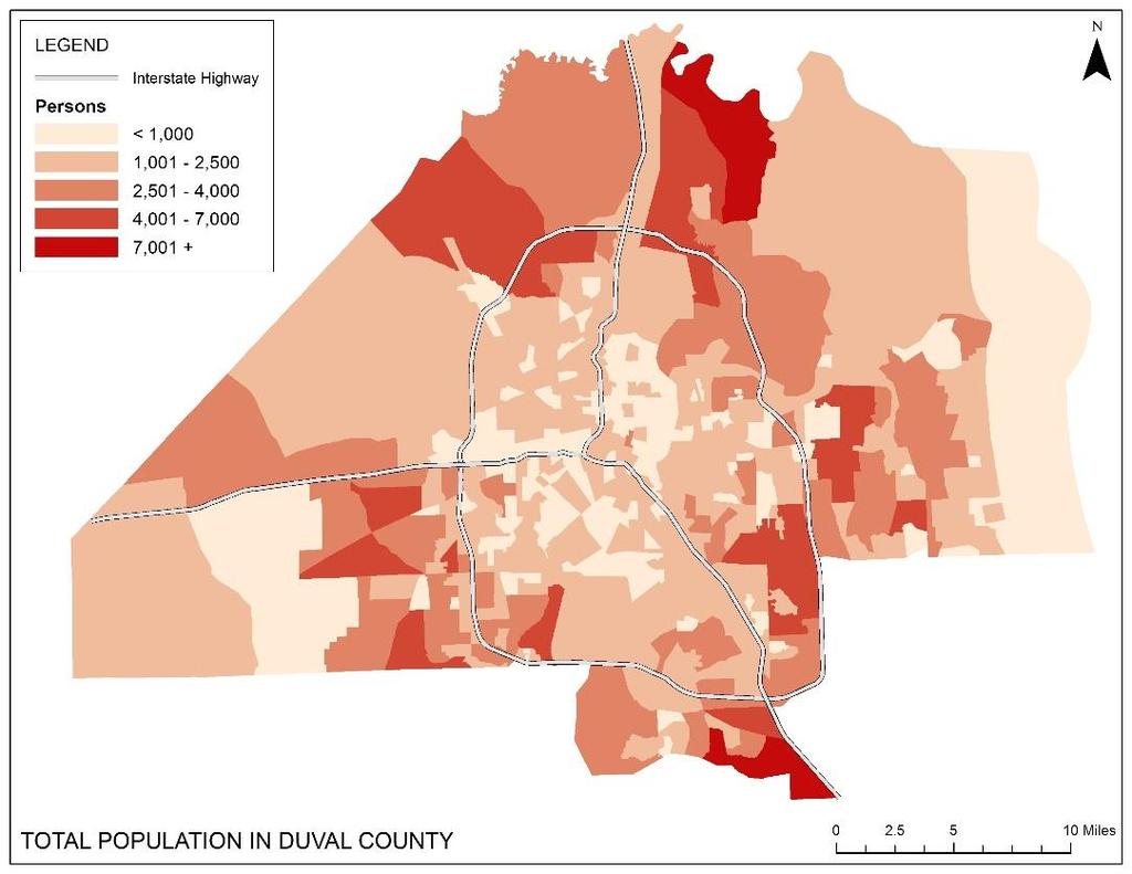 FIGURE 2 Figure 2 shows the spatial distribution of total population by Census block group in Jacksonville.