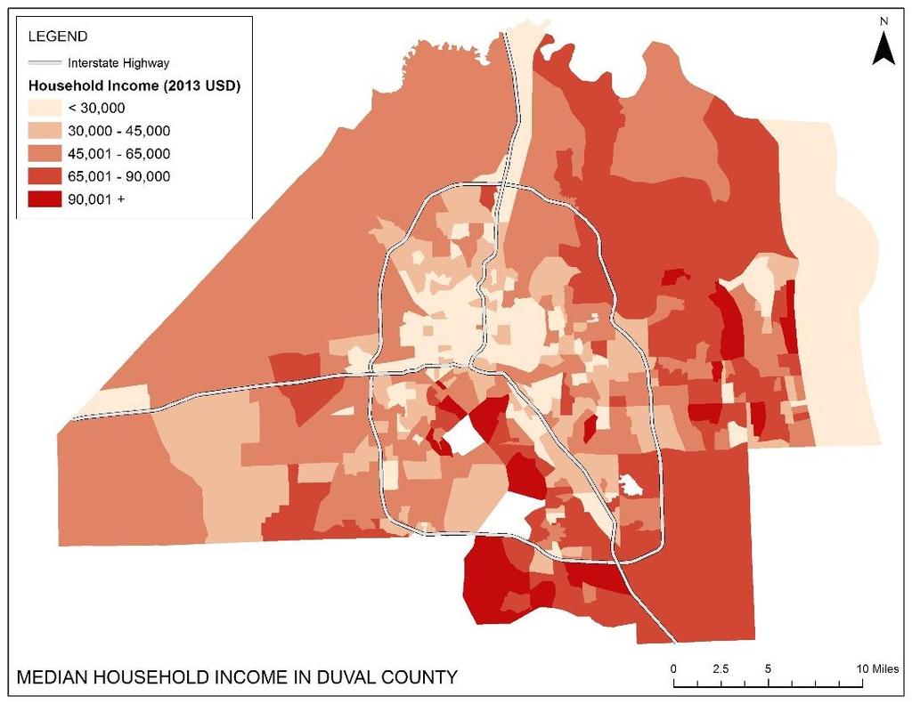 FIGURE 3 Figure 3 illustrates the spatial distribution of median household income in Jacksonville by Census block groups.