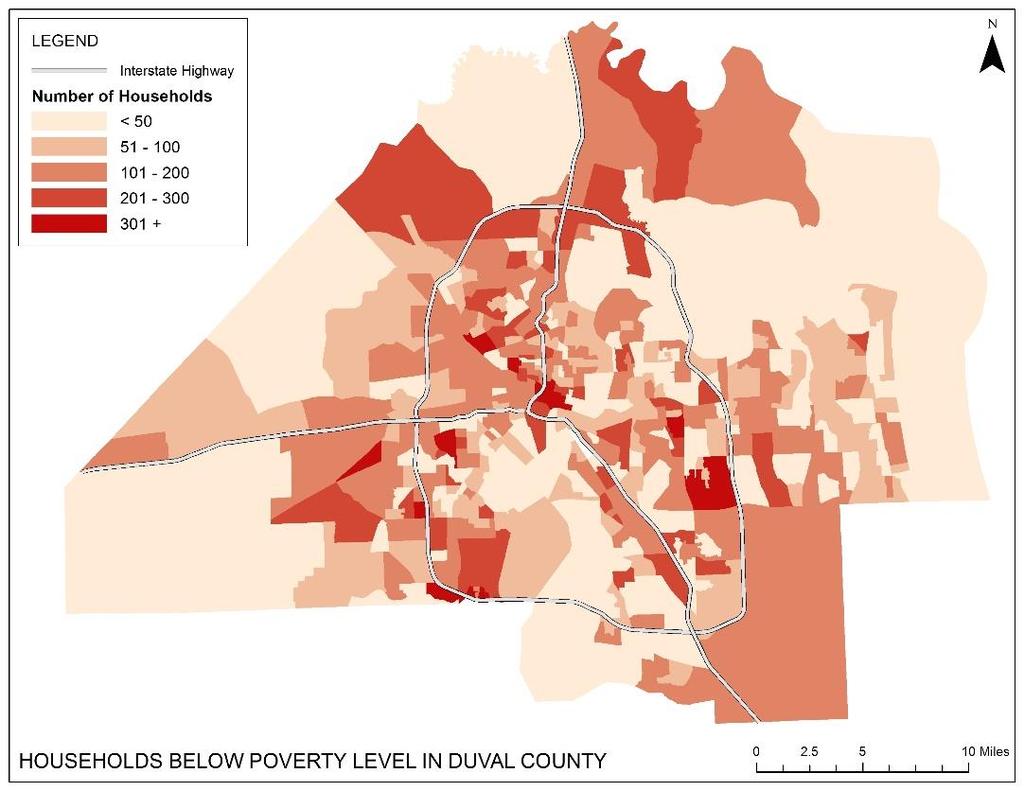FIGURE 4 Households below the poverty level by Census block group in Jacksonville are shown in Figure 4.