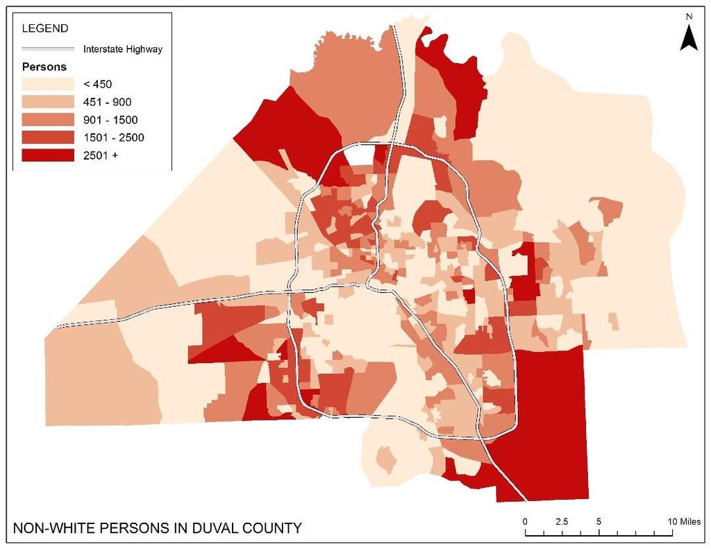 FIGURE 5 The spatial distribution of nonwhite persons is shown in Figure 5. As shown by the map, the city of Jacksonville appears to be relatively diverse demographically.