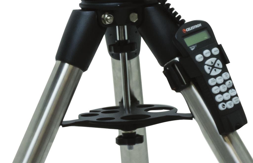 Observers at lower latitudes will prefer to leave the alignment peg between two legs to avoid the counterweight from making contact with the tripod leg when the counterweight is in the lowest part of