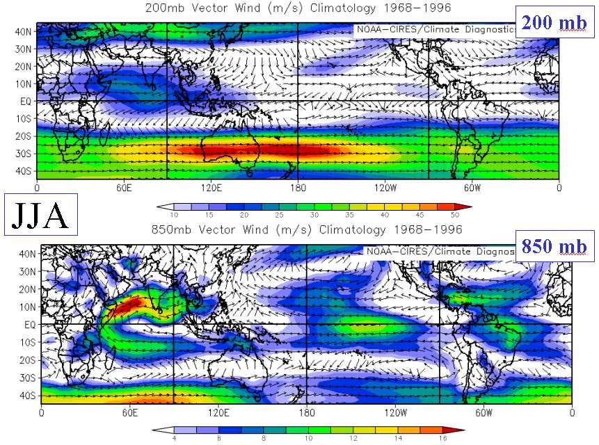 CHAPTER 1. INTRODUCTION TO THE TROPICS 14 region is dominated by motions confined to a zonal plane. Note the strong easterly flow along the Equator in the central Pacific in both seasons.