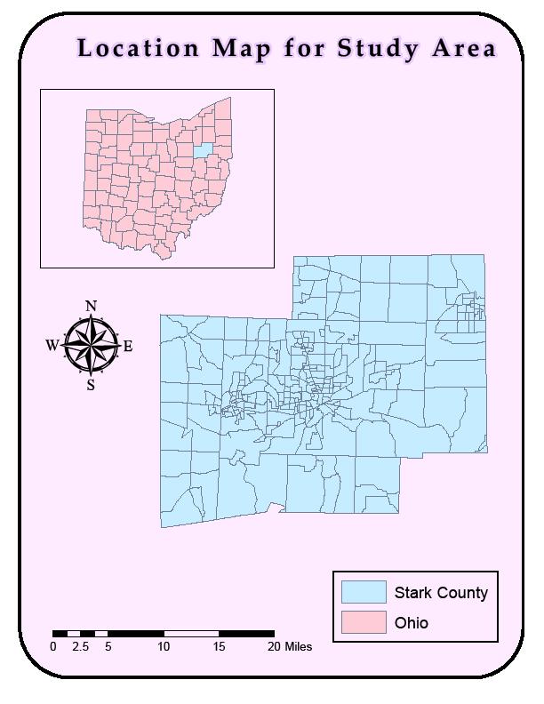 c. Background The Stark County is located in Northeast quadrant of Ohio; it is situated approximately 20 miles south of Akron, 53 miles south of Cleveland, 125 miles northwest of Pittsburgh and 386