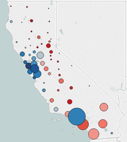 Obama vs Romney CA - 2012 Circles overlying each CA county are color-coded by the relative intensity of votes for Obama vs Romney (percent voting for either Obama or Romney).