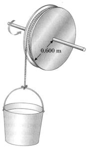 Problem 27. A string attached to a bucket (mass 6 kg) is wound over a large pulley having a mass of 12 kg (not zero mass!). The pulley can be considered to be a solid cylinder of radius 0.6 m.