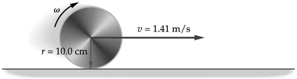 Example: Rolling Disk 1.0 kg disk with radius of 10.0 cm rolls without slipping. The linear speed of disk is v = 1.41 m/s. (a) Find the translational kinetic energy.