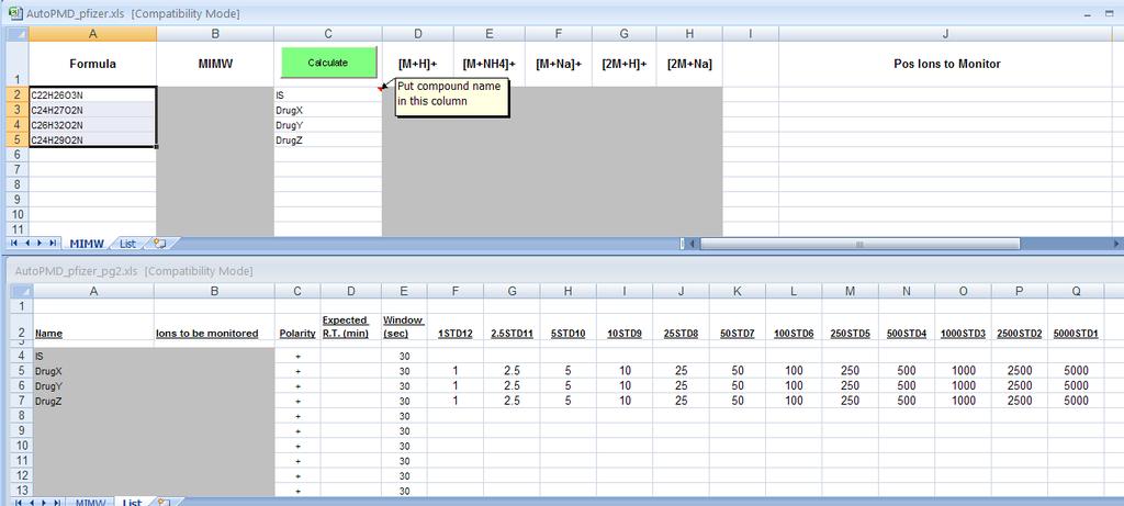 Processing Method Spreadsheet Enter Chemical Formula s and compound Names, sheet 1 Hit the Calculate button to calculate