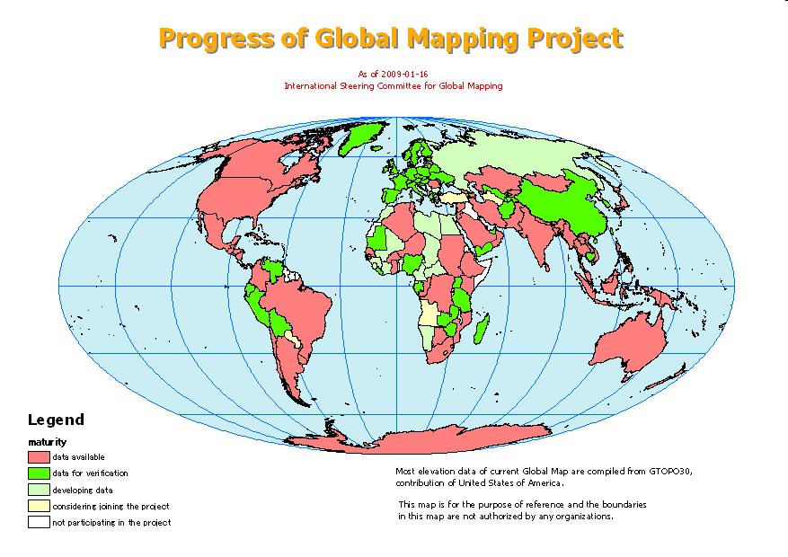 The Present Situation 164 countries and 16 regions participating in Global Map 96% of existing territorial surface Data released for 60% of