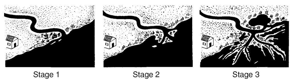 The diagrams below show gradual stages 1, 2, and 3 in the development of a river delta where a river enters an ocean.