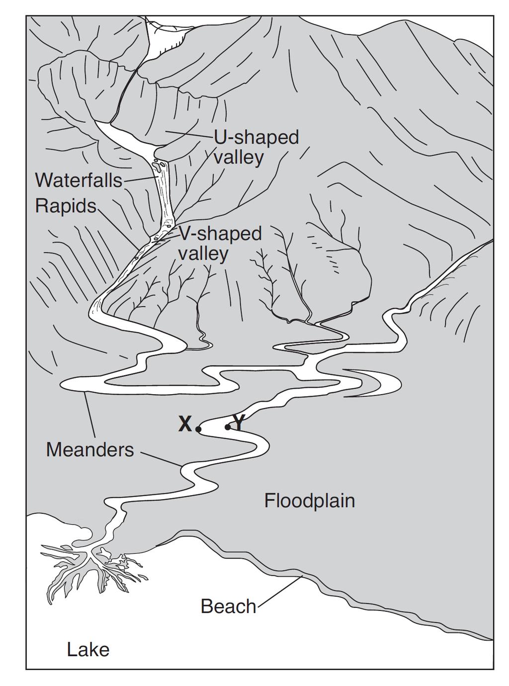 Base your answers to questions 31 through 33 on the diagram below, which shows several different landscape features. Points X and Y indicate locations on the streambank. 35.