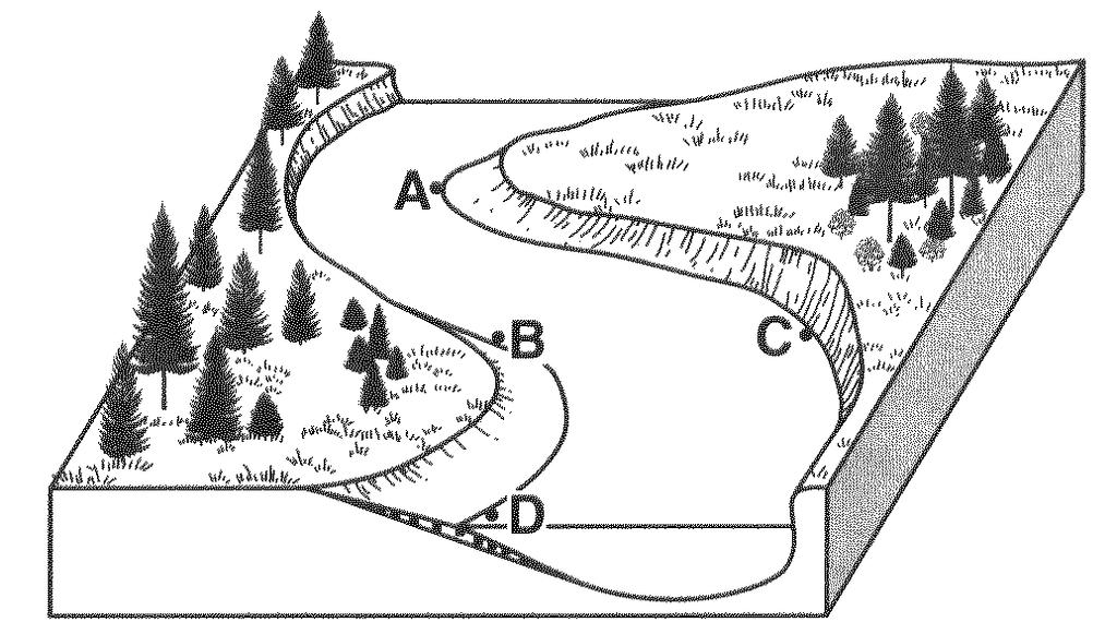39. Which graph best represents the relationship between the discharge of a stream and the velocity of stream flow? A) 42. The diagram below shows points A, B, C, and D on a meandering stream.