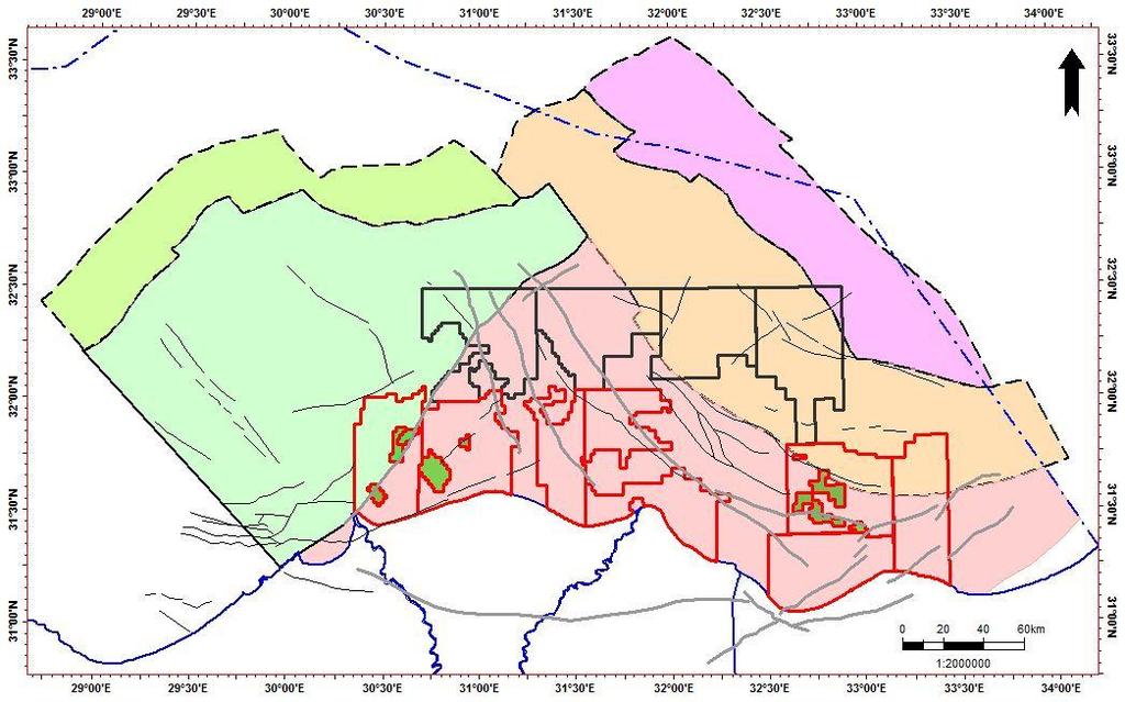 Geological Domains Nile Delta Basin The next map indicates the presence of five main geological domains (Platform, Rotated Fault Blocks, Basin Floor, Diapiric Salt Basin and Inverted Salt Basin)
