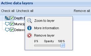 Zoom: To zoom to a specific layer, right click the layer in the Active data layers panel and click Zoom to layer.