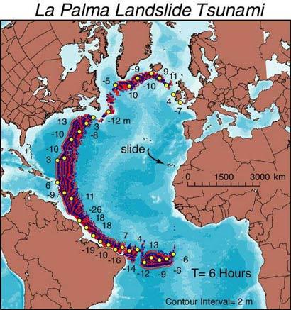 The Tsunami would be generated by the western flank twice the size of the Isle of Man falling into the sea following eruption.