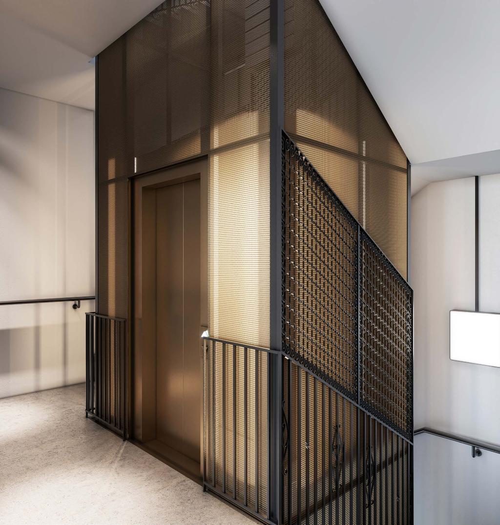 This beautifully lit staircase envelopes a Parisian inspired elevator that is adorned with soft strip lights.