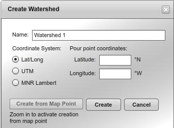 Create a Watershed A watershed is created in OFAT III by entering a pour point (a point through which all the water of the watershed will drain through).