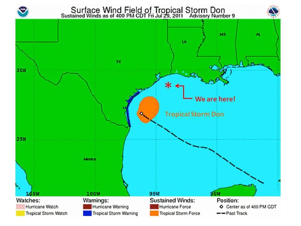 Tropical Storm Don made landfall around 1 am 30 July 2011, in south Texas near Baffin Bay. Seas were 12 ft (4 m) in the storm s immediate path, and 5 to 6 ft (1.
