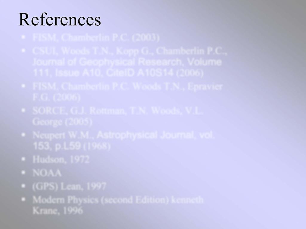 References FISM, Chamberlin P.C. (2003) CSUI, Woods T.N., Kopp G., Chamberlin P.C., Journal of Geophysical Research, Volume 111, Issue A10, CiteID A10S14 (2006) FISM, Chamberlin P.C. Woods T.N., Epravier F.