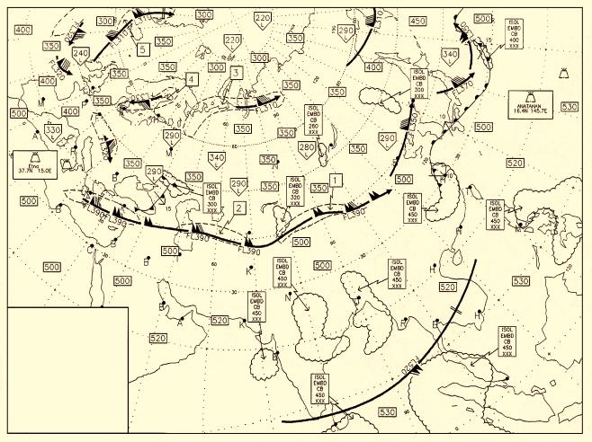 Annex 3 Meteorological Service for International Air Navigation Appendix CAT AREAS 2 3 4 5 400 300 420 320 350 250 370 270 350 250 ISSUED BY WAFC SIGWX ABOVE FL 250 TROPOPAUSE/JET STREAM FIXED TIME
