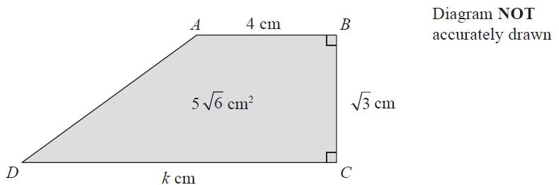 21. A trapezium ABCD has an area of 5 6 cm 2. AB = 4 cm. BC = 3 cm. DC = k cm.