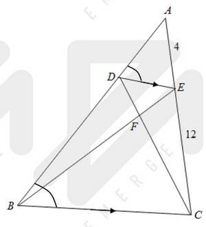 Question 8: In the diagram below, D and E are two points on ABC in which DE // BC. Given that CD and BE intersect at F. AE = 4 cm and EC = 12 cm. a) Show that triangles ABC and ADE are similar.