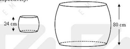 Question 9: The two containers shown in the diagram are geometrically similar. Their height are 24 cm and 80 cm respectively. a) The diameter of the base of the smaller container is 15 cm.